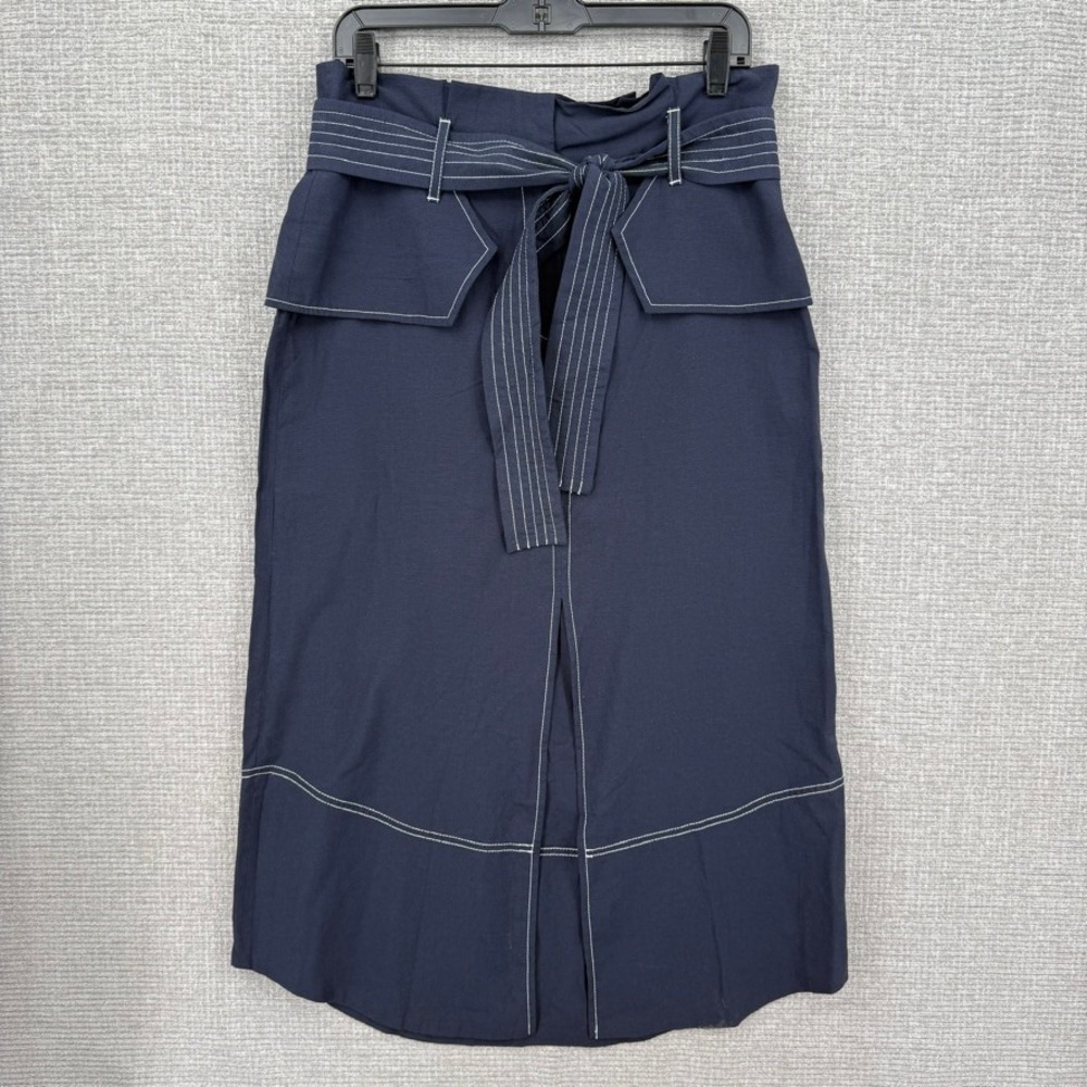 Le Lis Blanc Deux Trousers Women Sz L 40 Navy Contrast Stitch Tie Waist Boho